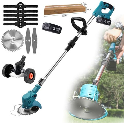 Tagliaerba a Batteria con Ruote, Mini-Tosaerba, con 8 Lame, 2 Batterie al Litio, Tagliabordi per Erbacce, Portata Telescopica Pieghevole da 28 Cm, per Giardino, Erbacce, Rami 1 Battery