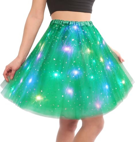 AYBUY Tutu Skirts for Women with LED Light, Adult Tulle Tutu Skirt, Ballet Dance Parties Fancy Elastic Festival Dress for Halloween, Carnival Party Costume Grass Green