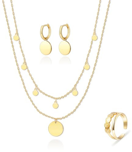 Kenivira Schmucksets für Damen,Gold Schmuck Set,Gold Anhänger Halskette Ohrringe Ring Set,Schmucksets Geschenke für Damen
