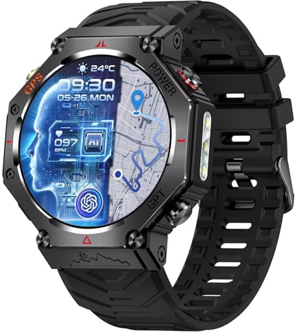 Smartwatch mit GPS Navigation Herren Damen Militär Uhr Sportuhren Höhenmesser Kompass Barometer Outdoor GPS Tracker Wandern robust Telefonfunktion Gesundheitsuhr Blutdruck Laufuhr Military Watch