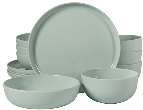 Gibson Home Candy Skies 12 Piece Unbreakable Wheat Straw Melamine Plates and Bowls Dinnerware Set - Outdoor, Camping, & Everyday Use - Matte Exterior/Shiny Interior Green