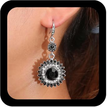 Xmsrn Boucles d'oreilles pendantes vintage en forme de tournesol en onyx noir avec pierre précieuse noire - Boucles d'oreilles à tige en forme de tournesol - Boucles d'oreilles pendantes pour femme