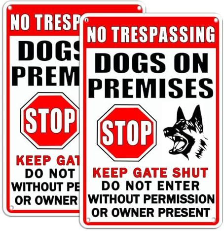 Funny Beware of Dog Sign Warning Do Not Enter Metal Signs, 2 Pack No Trespassing Dogs On Premises Tin Signs Dog In Yard Stop Keep Gate Closed Sign Fence Door Outdoor Decorations 8x12 Inch