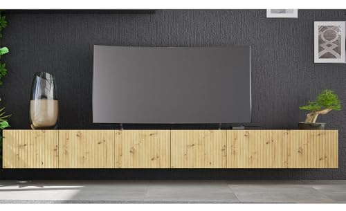 Lomadox Wohnzimmer Lowboard in Eiche mit Rillenfront 300 cm breit mit 6 Softclose-Türen wandhängend oder mit Füßen montierbar grifflos