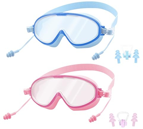 KASESSS 2 Pezzi Occhialini Nuoto Bambini Regolabili, Occhialini Piscina Bambina Antiappannamento, Occhialini Piscina Bambino, Occhiali Piscina Bambino con Coprinaso, Tappi per Le Orecchie