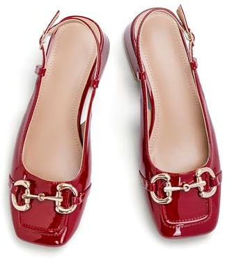 Red Slingback Mary Jane Heels for Women Square Toe Pump Shoes Low Block Chunky Heel Closed Toe Heels Classic Daily Office Dressy Church Shoes Size 10