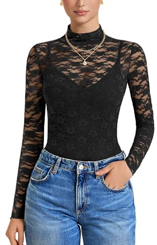 Avidlove Womens Long Sleeve Bodysuit Mock Neck Lace Tops Mesh Bodysuit High Neck Mesh Top Night Out Outfit for Women