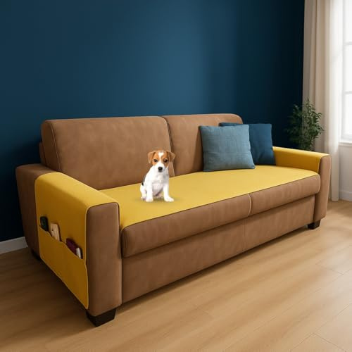 Farè – Runner Copriseduta Divano Impermeabile con Copribraccioli e Tasche Organizer - Copridivano Universale Antimacchia - Ideale per cani, gatti e bambini - Armor Oro