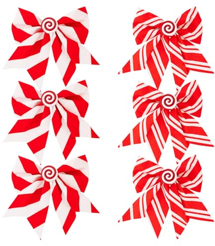 DIYEAH 6pcs Large Red Candy Cane Stripe Christmas Wreath Bows Cloth Holiday Door Bow Decorations for Indoor Outdoor Xmas Tree Mantel Mailbox Garland DIY Festive Ornaments