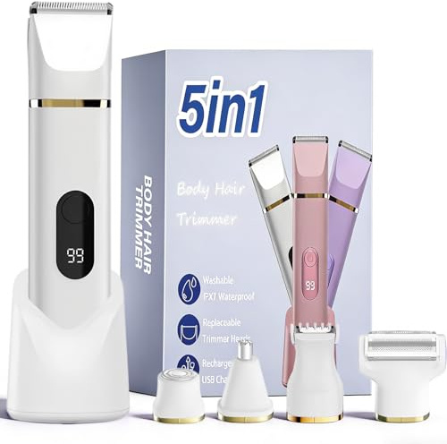 Épilateur Bikini 5-en-1 pour Femmes, Rasoir Électrique Corporel sans Fil Étanche IPX7, 5 Têtes Interchangeables pour Épilation Visage, Jambes et Zone Intime, Lame Céramique, Recharge USB - Blanc
