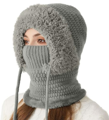 Youkly 3 in 1 Beanie Hat for Women, Winter Warm Knitted Cap with Scarf & Face Mask, Women Knit Balaclava Windproof Winter Hat for Outdoor Skiing Hiking Winter Gift (Gray)