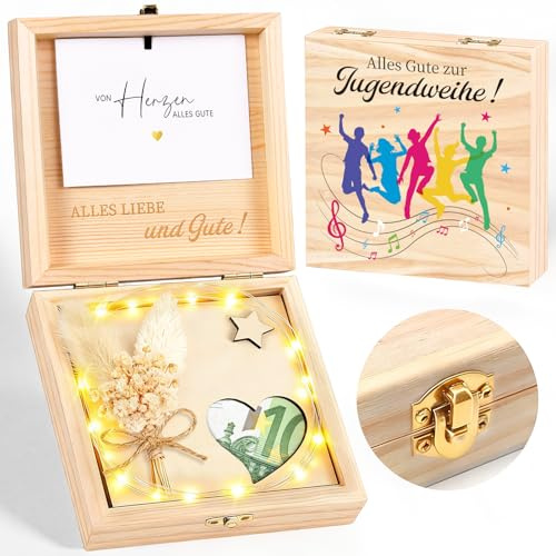 Geldgeschenk Jugendweihe, Kreative Jugendweihe Geschenke mit LED-Lichterkette, Grußkarte und Trockenblumenstrauß, für Jungen und Mädchen