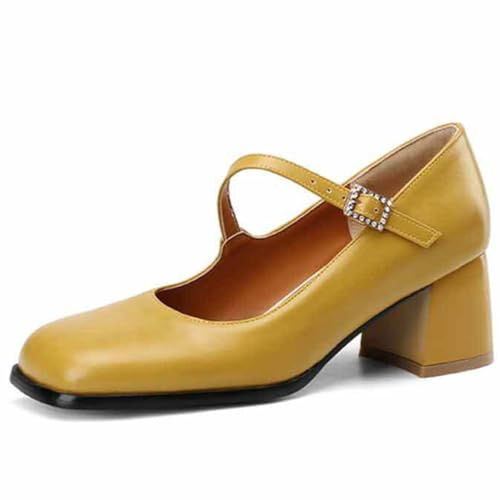 Mary Jane-pumps med fyrkantig tå för kvinnor, blockklack, spänne, höga klackar, för arbete, kontor och daglig stil, Gul, 44 EU