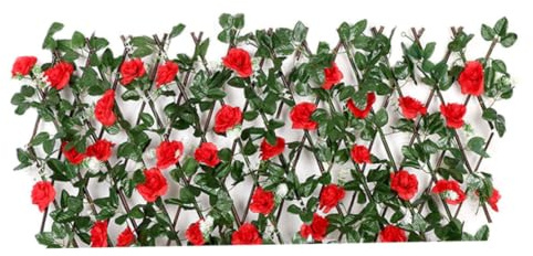 AwnsIMfreien Recinzione a Traliccio Artificiale con Fiori, Recinzione in Legno Artificiale Traliccio Retrattile con Fiori Foglie Decorazione da Giardino Rosso, Simulazione con