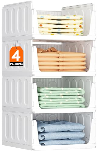 Lifewit 4er Set Stapelbare Kleiderschrank Organizer 35.5 cm Tief | Ausziehbar Kunststoff Ordnungssystem für Schrank & Einlegeböden, Aufbewahrungsbox für T-Shirt, Küche, Wohnmobil