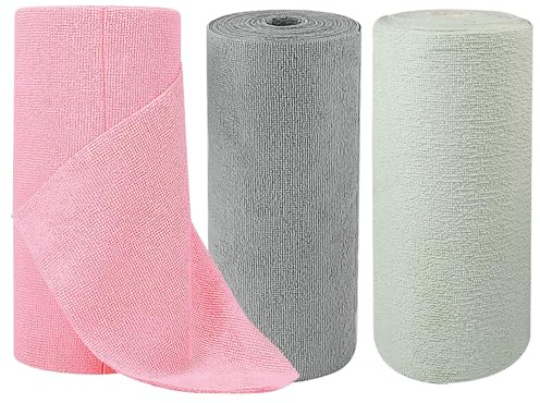 SZQIUNUBI 3 Rotoli Rotolo di Panni in Microfibra Panni in Microfibra per Pulizia Casa Strappabili 20 Fogli per Rullo 25 cm X 25 cm per Cucina/Auto/Finestre (Grigio, Rosa, Verde)