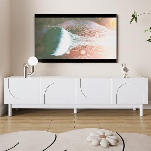 Merax TV-Schrank 169x34x45,5 cm, mit gewölbten wellenförmigen Türen & grifflosem Design, Lowboard mit Massivholzbeinen, Stabiler TV-Ständer mit Einlegeböden, Weiß