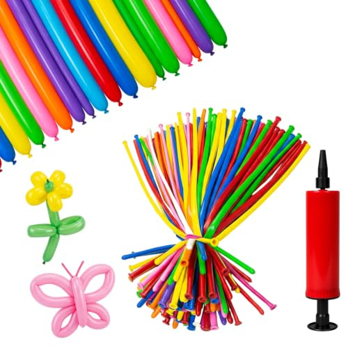 100 Balloons Balloon Animal Making Kit with Pump,Modelling Balloons and Long Balloons for Tying, Ideal for Birthday Parties and Wedding Decorations