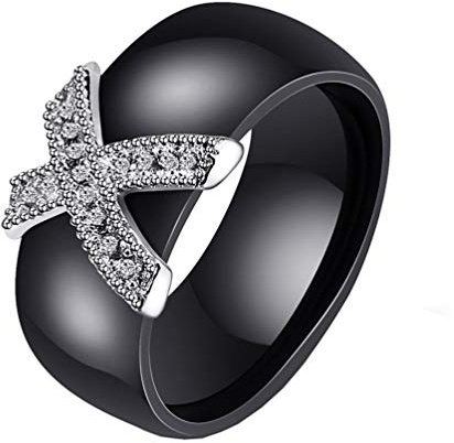 HIJONES Élégant Cristal Céramique Bague Dôme pour Femme Filles en Acier Inoxydable avec Zircone Cubique Alliance Anneaux de Mariage Noir Taille 60