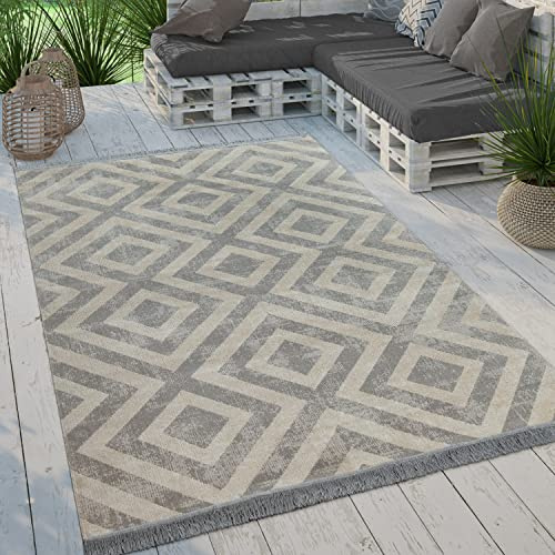 Paco Home Moderner Outdoor Teppich Geometrisches Rauten-Muster im Vintage-Look Flachgewebe Wetterfest & Pflegeleicht für Garten, Terrasse & Balkon, Grösse:160x220 cm, Farbe:Grau-Weiß