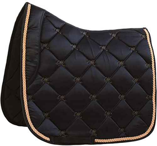 Marengos - Schabracke Sevilla | Dessurschabracke mit hochwertiger Schaumstoff-Füllung | Barockschabracke inkl. Zierkordel | schnell trocknend & atmungsaktiv | Warmblut Schabracke in schwarz/roségold