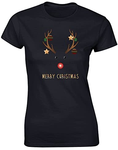 Hippowarehouse Funny Reindeer Christmas Baubles Womens Fitted Short Sleeve t-Shirt (Specific Size Guide in Description)