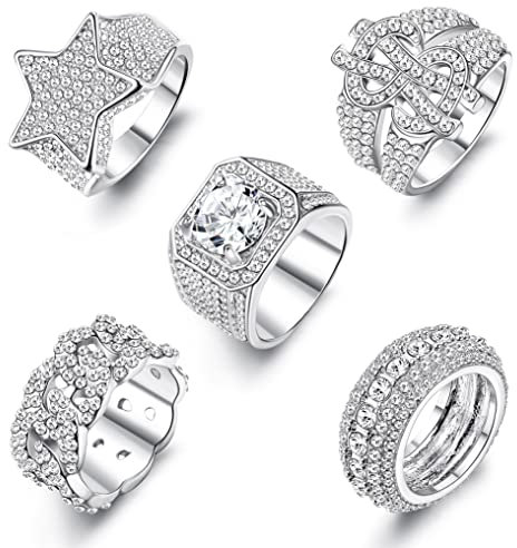 Kakonia Herren Iced Out Ring 14 Karat vergoldeter Bling Pinky Ring Iced Out Premium Diamant CZ Stern US Dollarzeichen Cuban Link Punky Rappers Ring für Männer Verlobung Hip Hop Schmuck