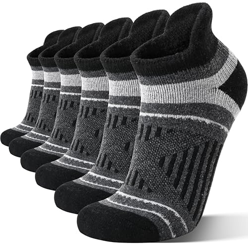 EBMORE Calcetines de Senderismo de Merino, Cortos de Sneakers, Gruesos de Lana, para Correr, de Compresión, Térmicos, Regalos, de Invierno para Hombres y Mujeres, 6 Pares. (Flecha Negra, L)