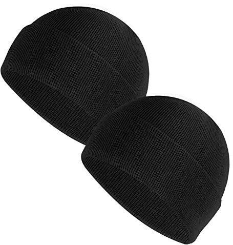 Sibba 2 Pieces Unisex Beanie Hat Soft Lightweight Winter Knit Cuffed Caps Fisherman Beanie Warm Windproof Skull Cap for Men and Women Black, One Size-XL