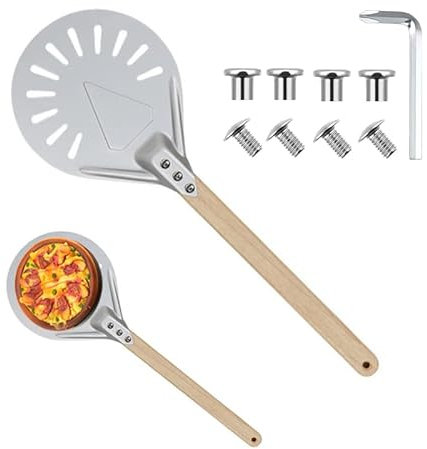 BetterJonny Round Perforated Pizza Peel with Detachable Wood Handle, Aluminum Turning Peel Pizza Paddle Metal Non-slip Perforated Pizza Paddle for Baking（7inch）
