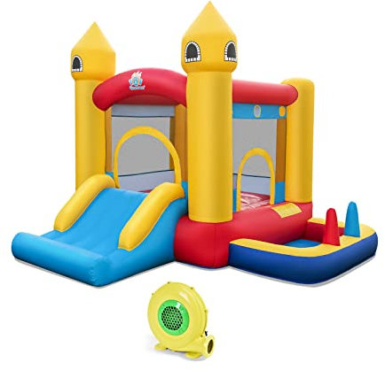 COSTWAY Castello Gonfiabile 6 in 1 con Soffiatore 480W, Gonfiabile per Bambini con Scivolo, Area di Salto, Canestro, Piscina di Palline, Lancio di Anelli e di Palline, per Interno Esterno e Feste