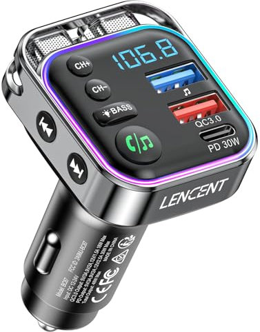 LENCENT Trasmettitore FM Bluetooth 5.3, Bluetooth Auto Radio per Accendisigari, Caricatore USB Rapido con PD 30W & QC3.0 USB Porta, Chiamata Vivavoce, Hi-Fi Musica/Chiamata Chiara