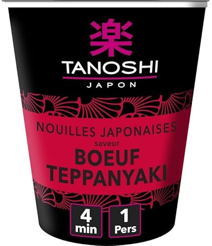 TANOSHI - Nouilles Cup Boeuf Teppanyaki - Préparation rapide et facile pour un délicieux repas asiatique à emporter ou à déguster chez soi - 65g. - Lot De 4 - Vendu Par Lot