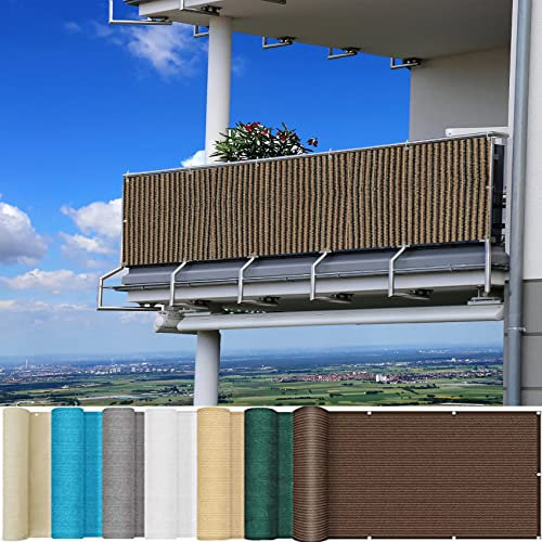 Balkonbespannung 90 x 550 cm UV-Schutz 100% Privatsphäre Balkon Sichtschutz Ohne Bohren mit Ösen Nylon Kabelbinder und Kordel für Balkongeländer Terrasse, Taupe