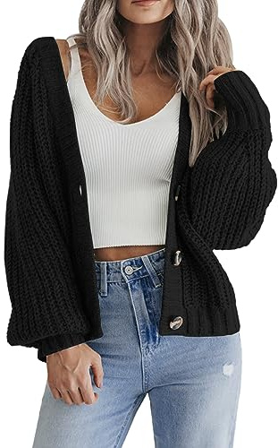 Hotouch Cardigan Femme Court Uni Manches Longues Veste Tricotée Col En V Cardigan Noir Avec Bouton Élégant Décontracté S