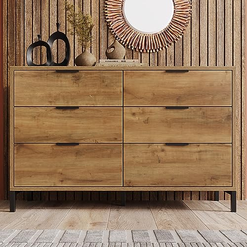 ZYLOYAL10 Kommode, Sideboard mit 6 Schubladen in Dunkle Eiche, Verstellbare Ablage, Sideboard Highboard für Schlafzimmer & alle Wohnräume