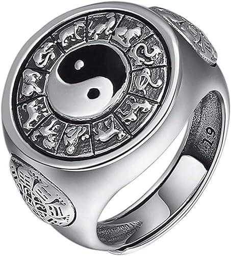 Bague amulette, bague de protection de richesse, émail vintage en argent sterling 925, symbole chinois ancien Yin Yang, bague tournante avec 12 signes du zodiaque chinois for hommes et femmes, ouverte