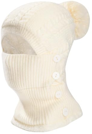 Heveer Wintermütze Damen Warm Strickmütze mit Halswärmer Haarball Verstellbare Gesichtsmaske Weichem Gefüttert Beanie für Outdoor Weiß