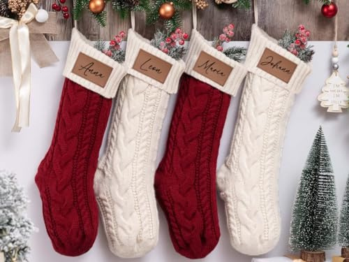 Generisch Personalisierte Weihnachtsstrümpfe mit Namen Nikolausstrumpf Nikolausstiefel mit Leder Namensschild für Kinder (48 cm, Rot, 2)