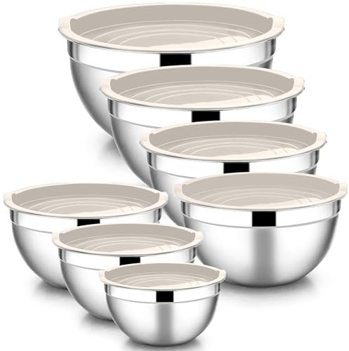 HaWare Set di 7 ciotole in acciaio inox, impilabili con coperchio ermetico per cuocere/cucinare/preparare, lavabili in lavastoviglie, 6,5/4,5/3/2,5/1,5/1,2/0,7 l, colore cachi