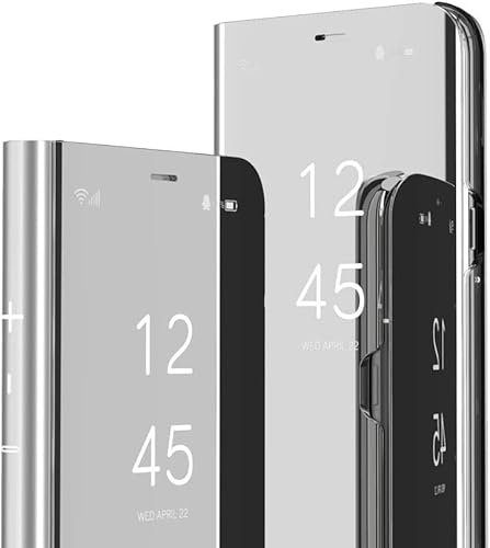 SIYOPINPFY Handyhülle für iPhone 11 Hülle mit Clear View, Makeup Spiegel Flip Klappbar Ständer Handyhülle Dünn Stoßfeste Ganzkörper Schutzhülle Kompatibel mit iPhone 11, Mirror Silber
