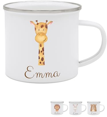wunderwunsch - Personalisierte Emaille Tasse Kinder mit hochwertigem Spezial-Druck – Bruchsicher, Leicht & Umweltfreundlich – Perfekt für Zuhause, Kindergarten oder Camping (Giraffe)