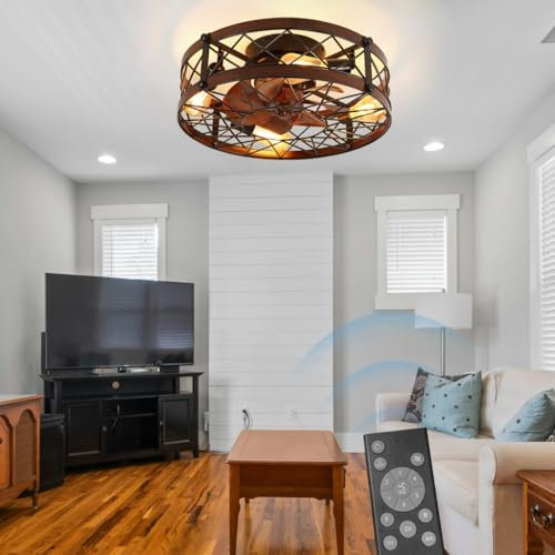 YZSJ Vintage Cage Ceiling Fan Light With Lamp And Remote Control Industrial Fan Light Reversible Ceiling Fan 3 Speed Bedroom Dining Room Kitchen (Bulb Not Included)