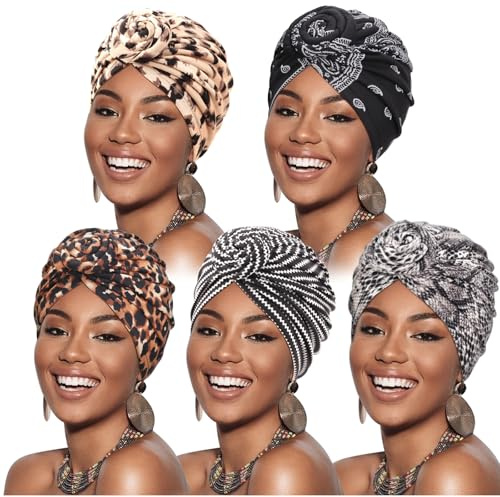DRESHOW 5 Pack Women Turban African Pattern Knot Headwrap Beanie Pre-Tied Bonnet Chemo Cap Hair Loss Hat