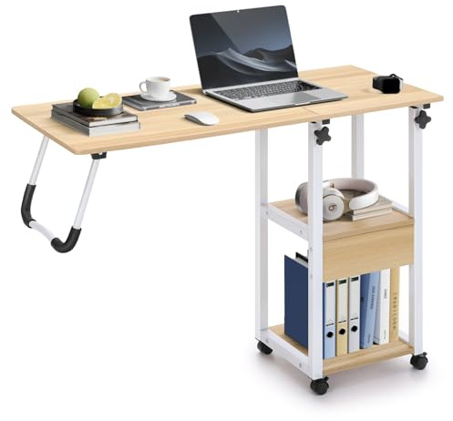 Warmiehomy Tavolino da letto con ruote bloccabili e piano sollevabile, scrivania mobile pieghevole per letto regolabile in altezza 68~85cm, comodino per letto ospedale camera da letto divano (beige)