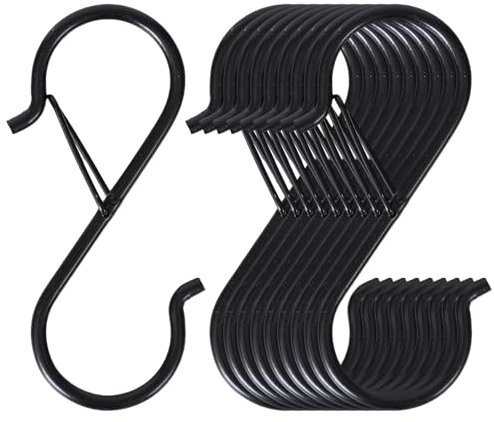 Mythosurge 10 Pack S Hooks for Hanging Black S Hooks Heavy Duty Metal Hook with Safety Buckle Design for Pan Utensil Closet Rod Outdoor Lights Kitchenware Bathroom Garden Office Plant Black