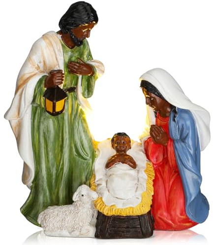 Thyle Nativity Set Indoor Decor for Christmas African Americans Nativity Scene LED Little People Nativity Set Black Jesus Figurine Table Decor Mary Joseph Baby Jesus in Manger Religious Gifts