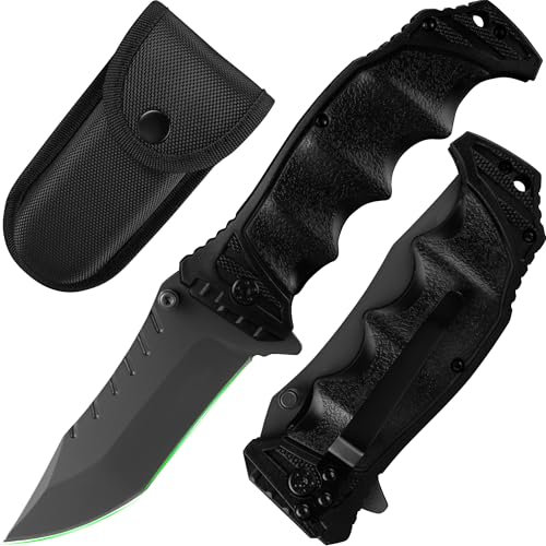 FULLHI Jagd-Taschenmesser mit Nylontasche, 440C Stahlklinge, PP TPR Griff EDC Messer mit Taschenclip Scharfes Camping Survival Trail Messer für Vater