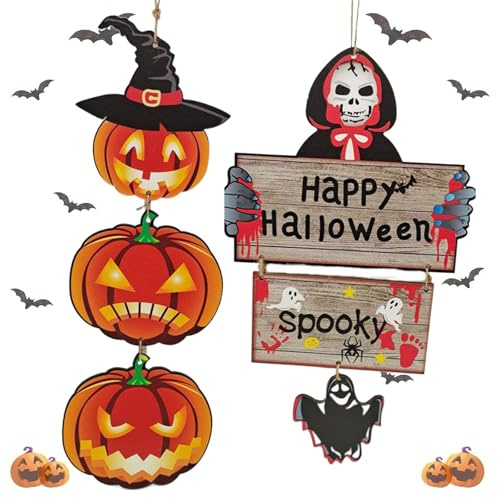 Panneau de Porte de Bienvenue pour Halloween, Panneau de Bienvenue en Bois pour Halloween, 2PCS Décoration de Porte d'Halloween à Suspendre, Plaque de Bienvenue d'Halloween, Panneau Suspendu Halloween