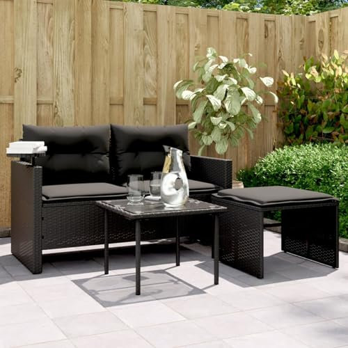 Keyroto Gartensofa mit Hocker und Beistelltisch Rattan Sofa 2 Sitzer Lounge Sofa Outdoor Kleines Balkon Sofa Balkonmöbel Rattansofa Gartenlounge Polyrattan Gartenmöbel Set Balkon Lounge Schwarz